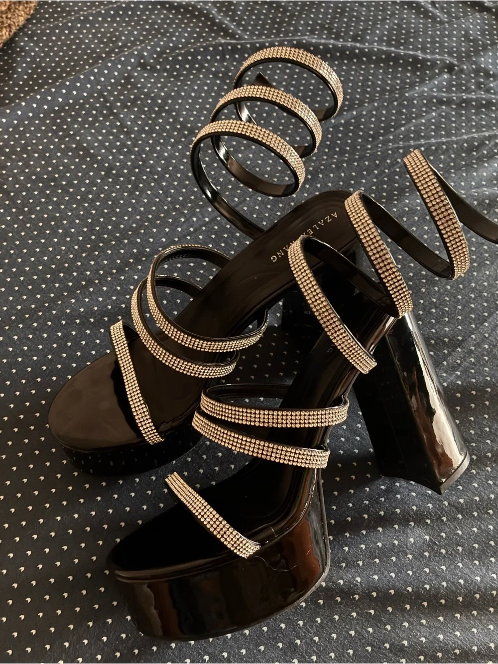 Azazie Black Platform Spiral Sandals with Crystal-Strap Wraps